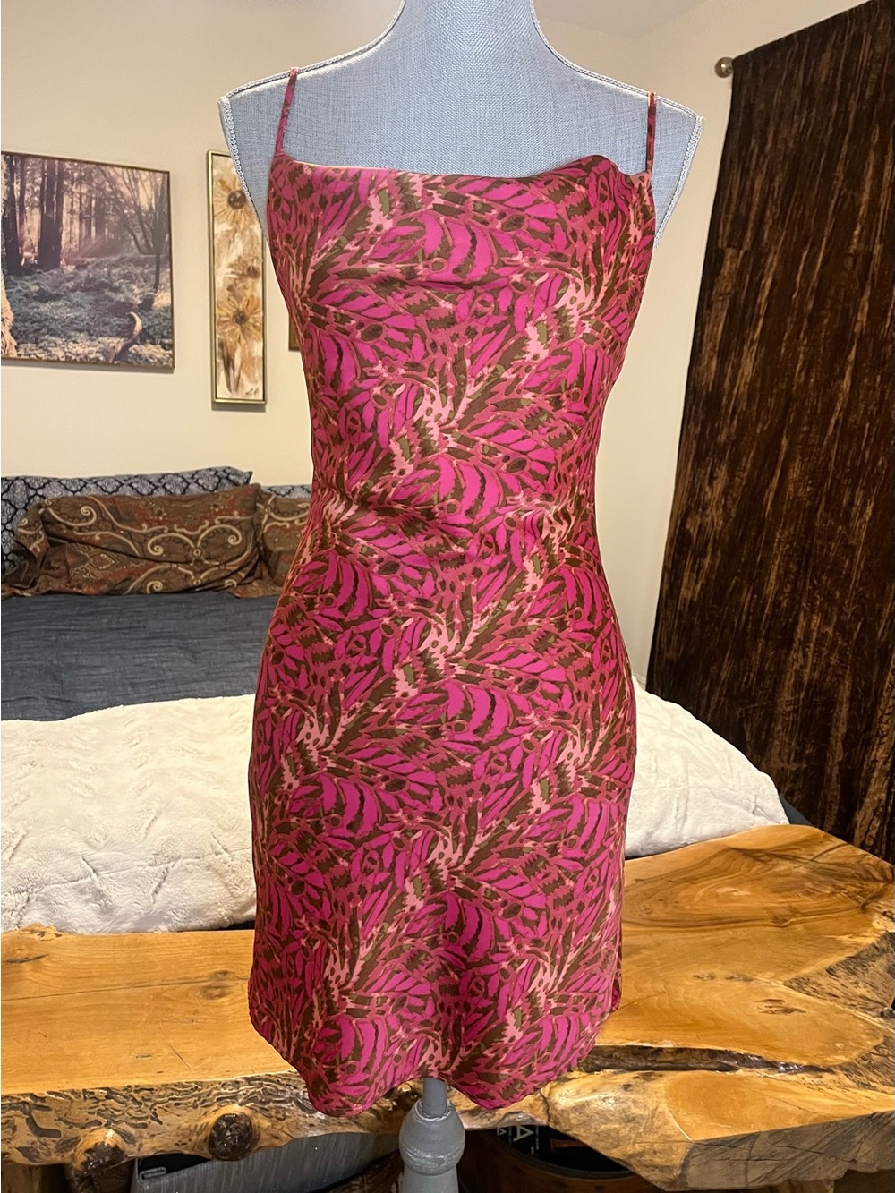 Urban Outfitters Striking Satin Mini Slip Dress Abstract Fuchsia Rose